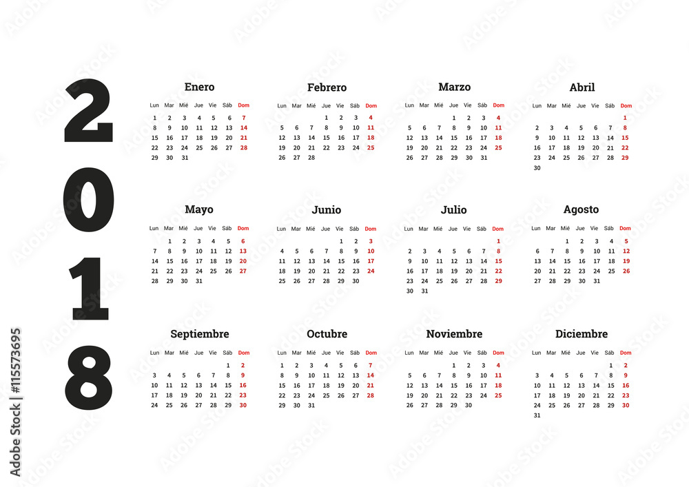 Simple calendar on 2018 year in spanish language Simple calendar on 2018 year in spanish language