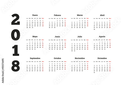Simple calendar on 2018 year in spanish language