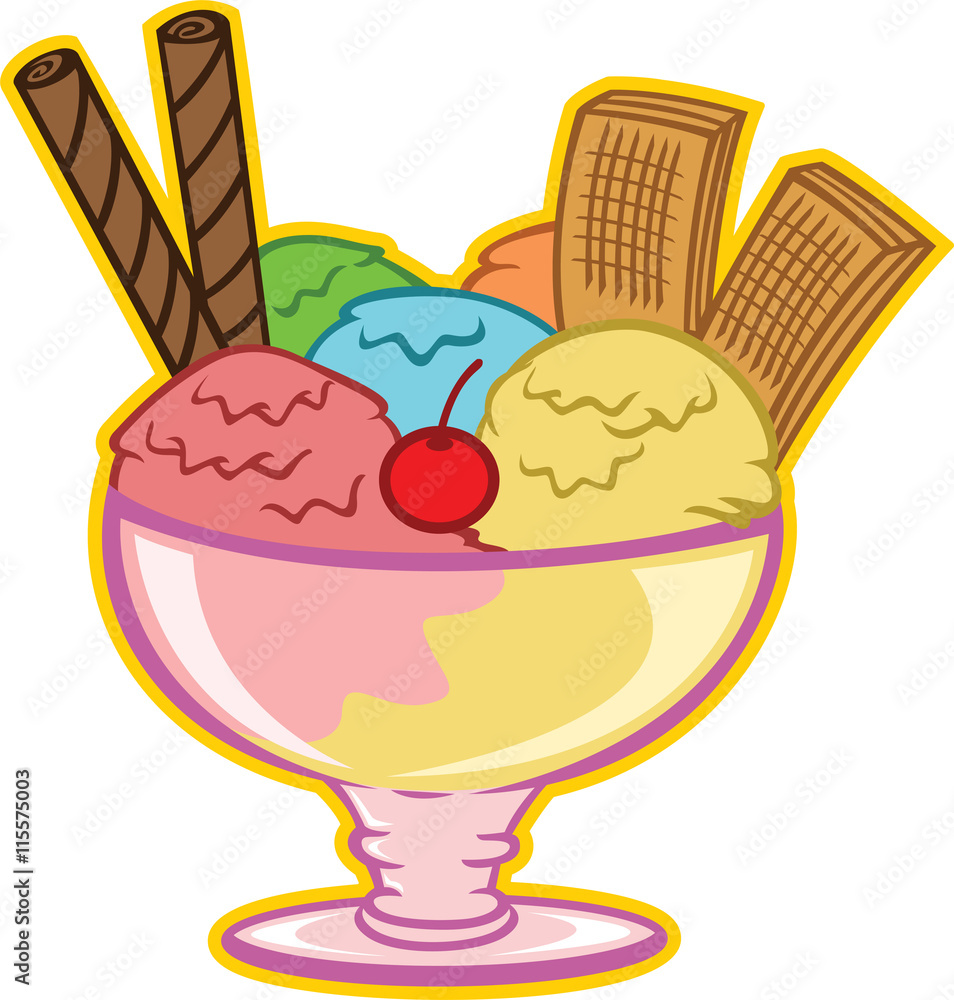 Large Glass Bowl of Ice Cream Illustration Isolated on White Stock