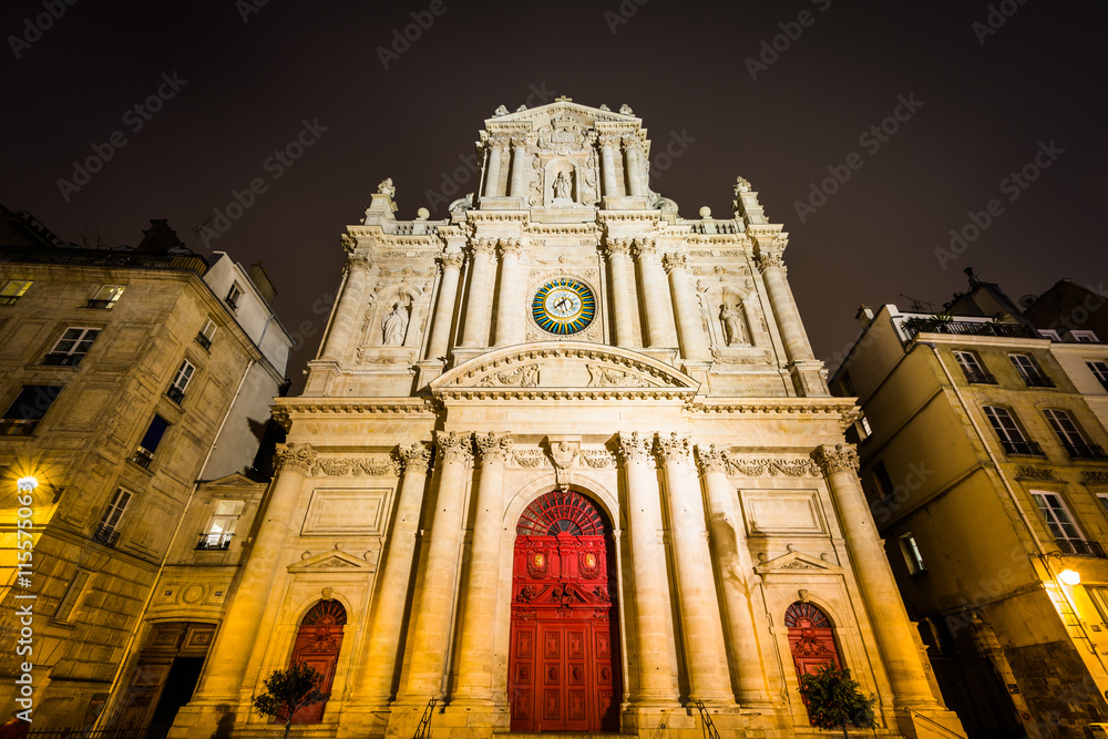 Paroisse Saint-Paul Saint-Louis at night, in Paris, France.