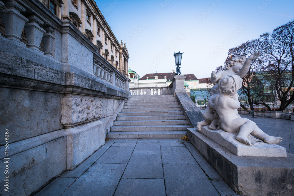 Statues and steps at the Austrian National Library, in Vienna, A