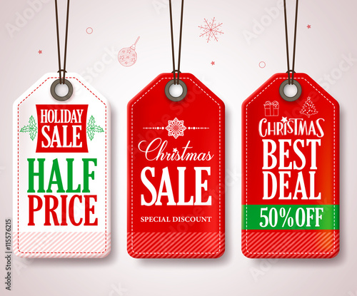 Christmas Sale Tags Set for Christmas Season Store Promotions Hanging with Red and White Colors. Vector Illustration.
