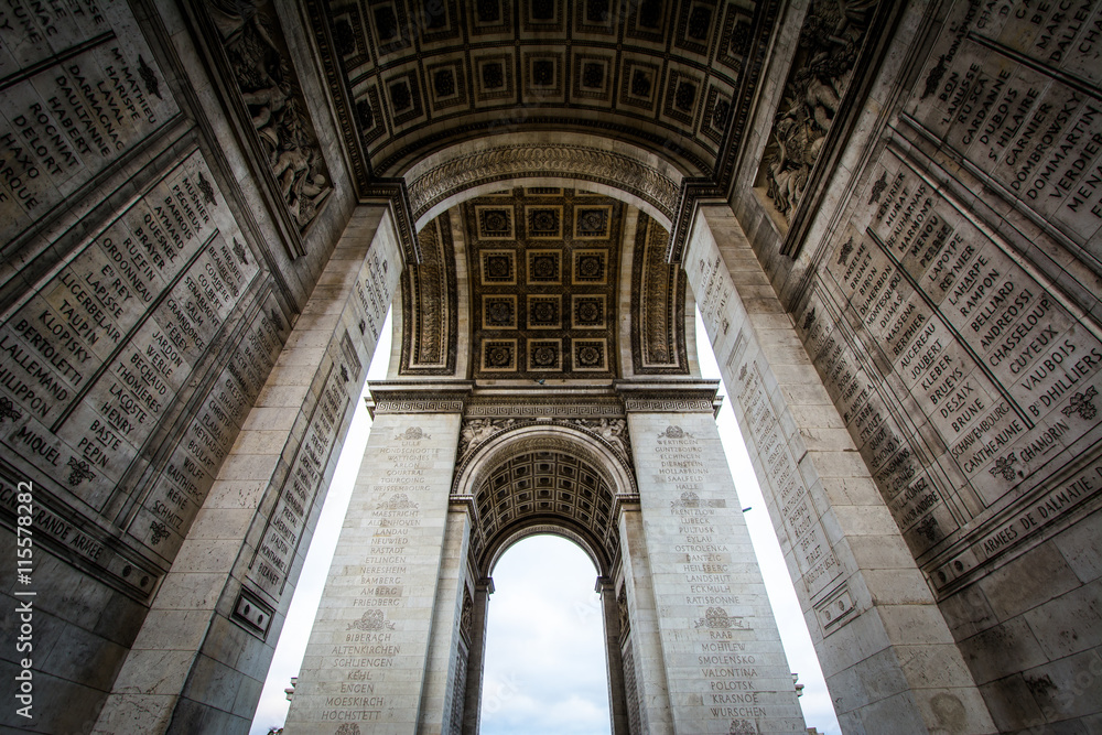 The interior of the Arc de Triomphe, in Paris, France.