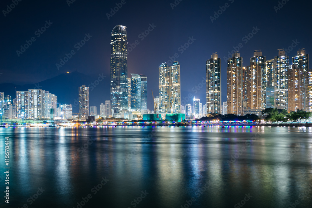 The skyline of Tsuen Wan at night, seen from Tsing Yi, Hong Kong