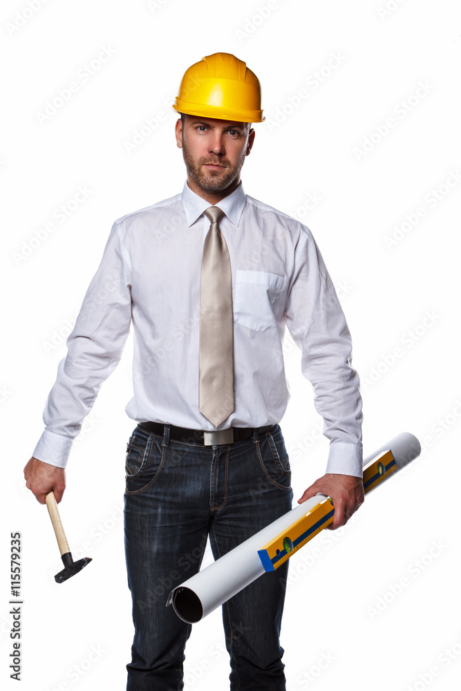 Portrait of male in yellow safety helmet. Portrait of male in yellow safety helmet.