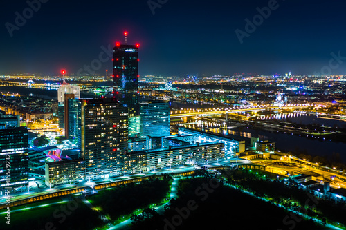 View of Donau City at night, from the Donauturm, in Vienna, Aust