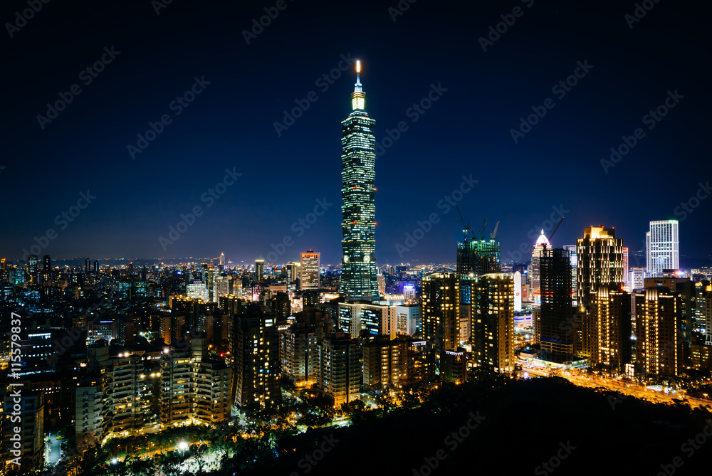View of Taipei 101 and the Taipei skyline at night, from Elephan
