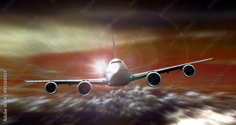 Fototapeta Airplane flying during sunset with motion blur