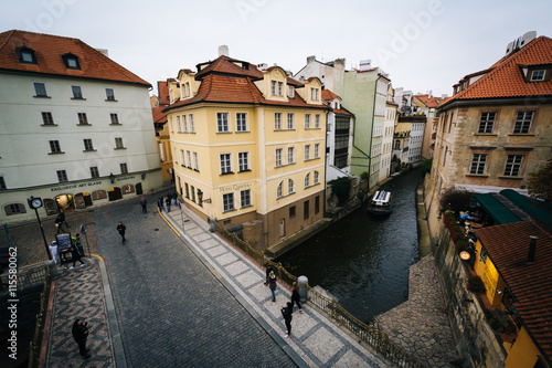 View of buildings along Certovka, in Prague, Czech Republic.