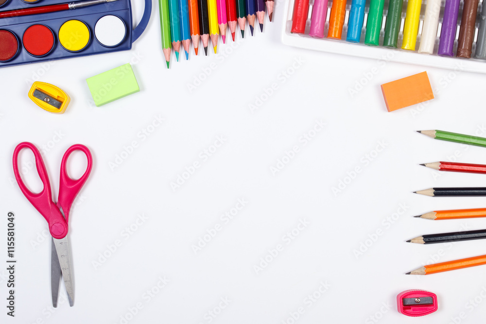 Fototapeta premium School accessories on white background, back to school concept, copy space for text