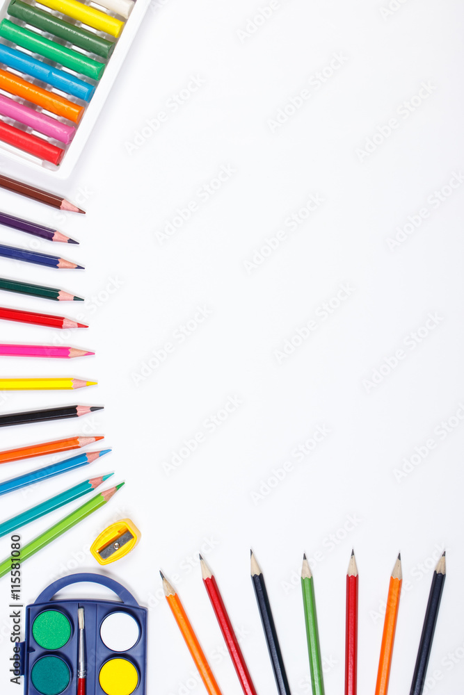 Fototapeta premium School accessories on white background, back to school concept, copy space for text