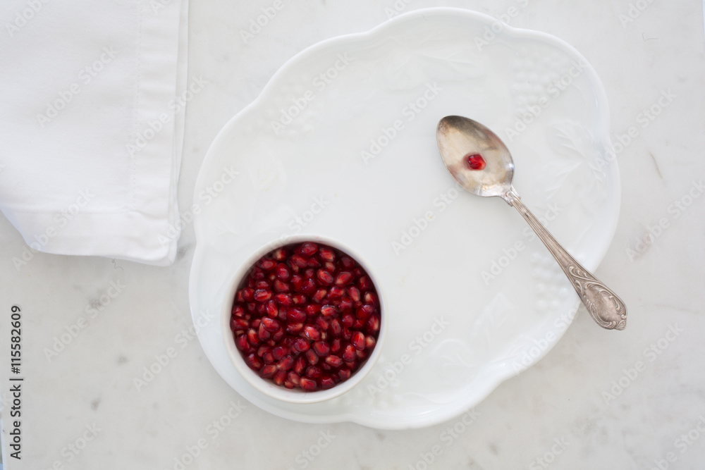 Pomegranate seeds (arils) in high key Pomegranate seeds (arils) in high key
