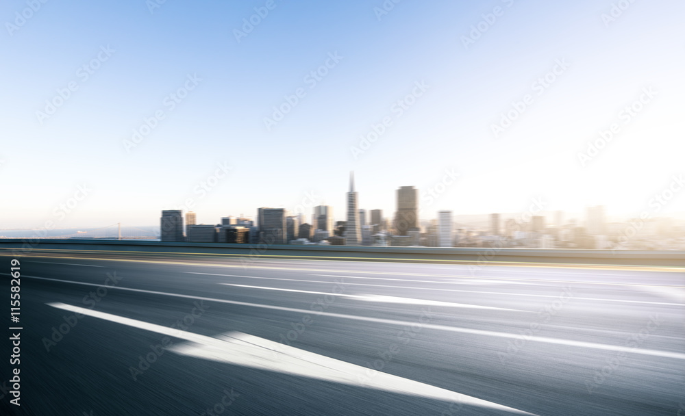 empty road with cityscape and skyline of san francisco at sunris