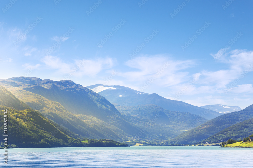 Norway, More og Romsdal, Sunnmore, Geirangerfjorden, View of mountain valley from sea Norway, More og Romsdal, Sunnmore, Geirangerfjorden, View of mountain valley from sea