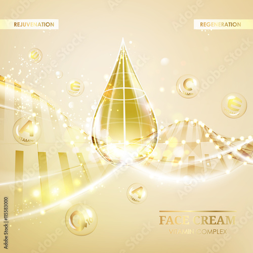 Regenerate face cream and Vitamin complex concept. Shining golden essence droplet. Vitamin E drop in form of sphere. Beauty skin care design over golden backdrop. Vector illustration.