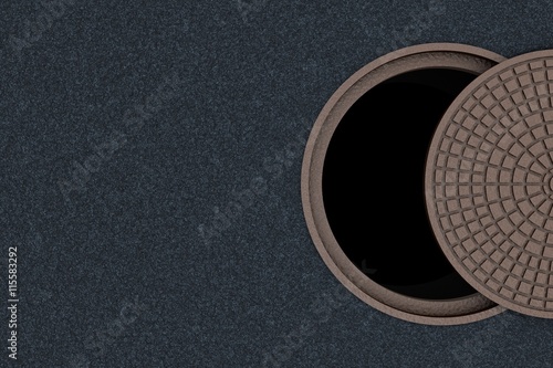 Concept of danger, safety cannot be half or partially. Not completely closed cover of a sewer manhole, top view.