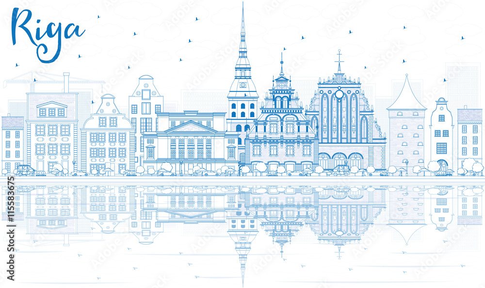 Outline Riga Skyline with Blue Landmarks and Reflections.