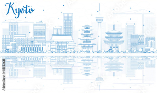 Outline Kyoto Skyline with Blue Landmarks and reflections.