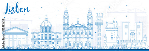 Outline Lisbon Skyline with Blue Buildings.