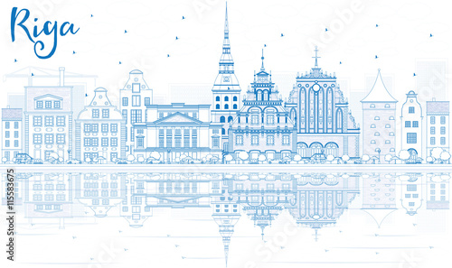 Outline Riga Skyline with Blue Landmarks and Reflections.