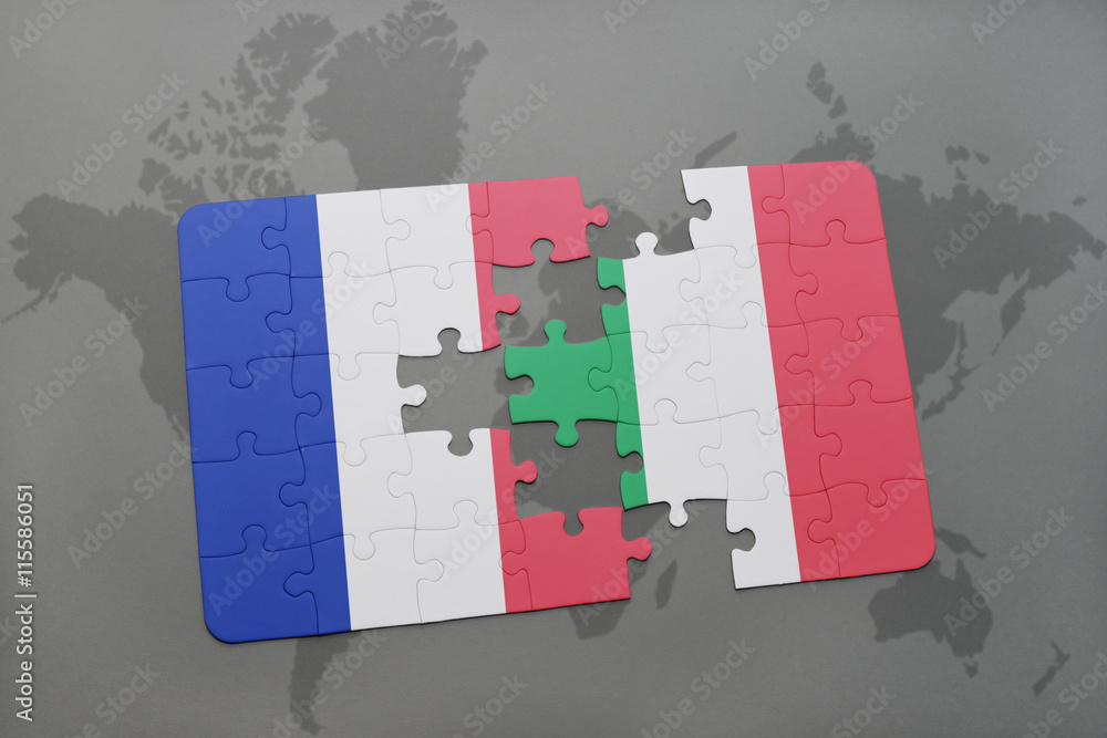 puzzle with the national flag of france and italy on a world map ...