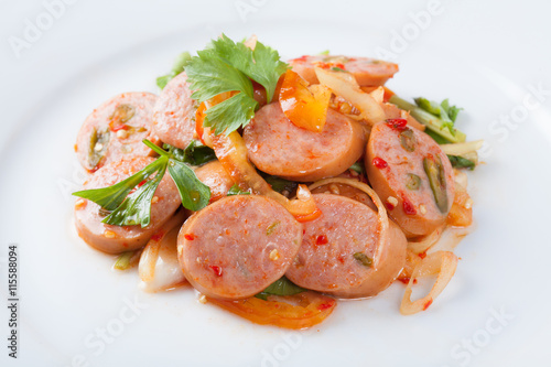 Thai fusion food spicy sausage pork salad. Thailand style.