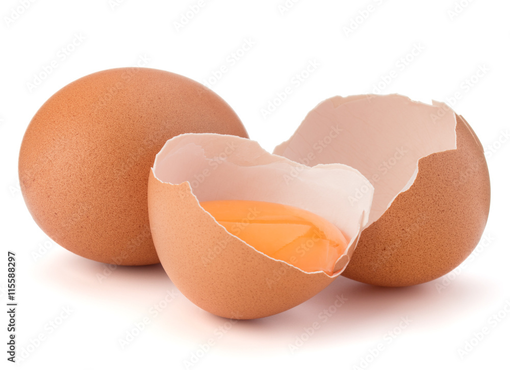 Broken egg in eggshell half and raw egg isolated on white backgr Broken egg in eggshell half and raw egg isolated on white backgr