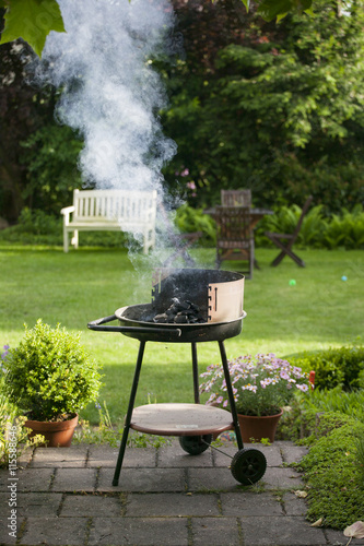 Germany, Gifhorn, Barbecue grill in backyard photo