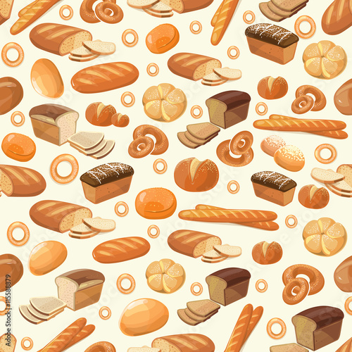 Vector bakery seamless pattern with cartoon bread. Bakery food illustration and tasty fresh bakery for breakfast