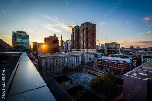 Buildings in downtown at sunset, in Baltimore, Maryland.