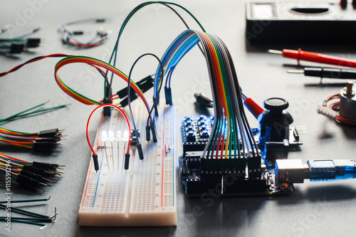 Принти на полотні Electronic component connected with breadboard in laboratory