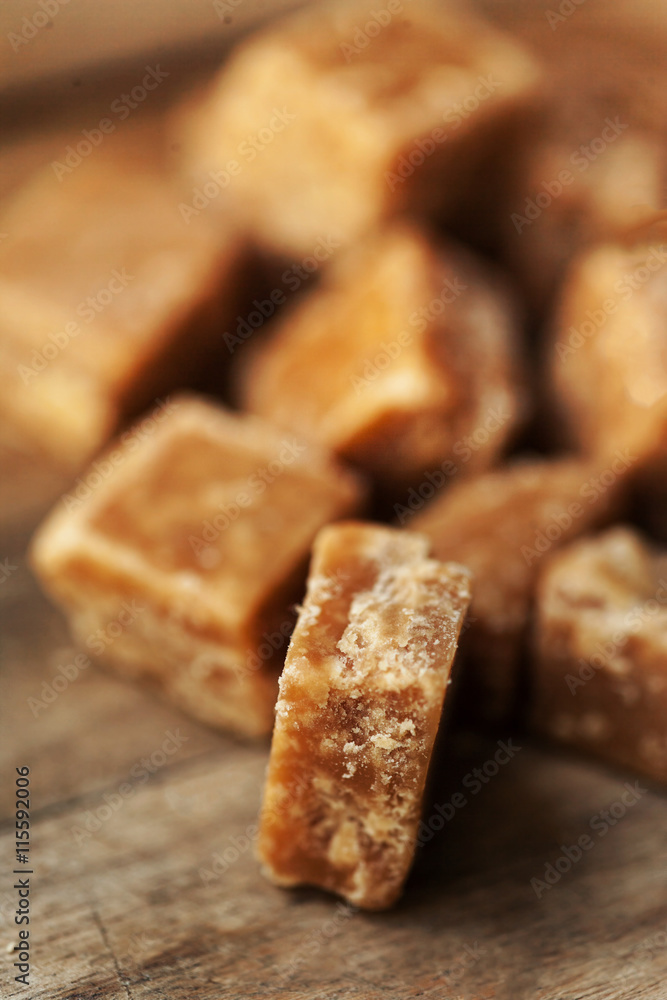 Butter caramel candy macro. Vintage rustic style