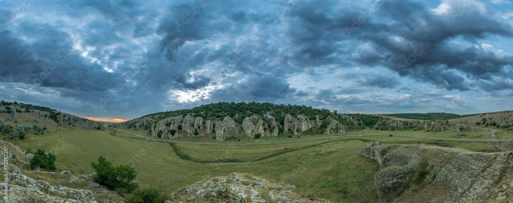 Panorama of a cloudy morning in Cheile Dobrogei, Romania