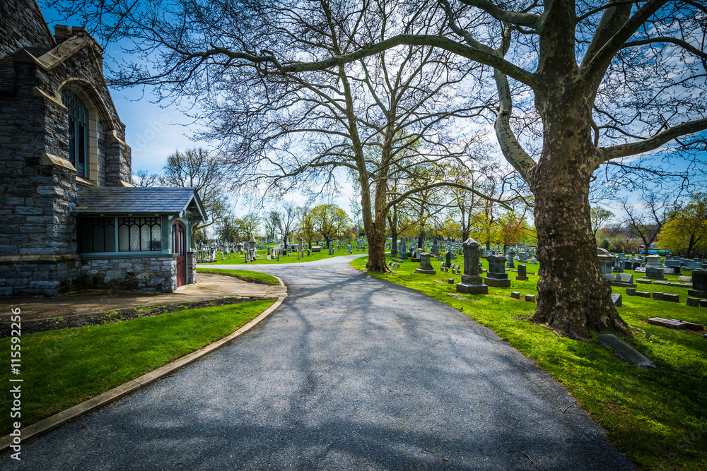 Chapel and road at Mount Olivet Cemetery in Frederick, Maryland.