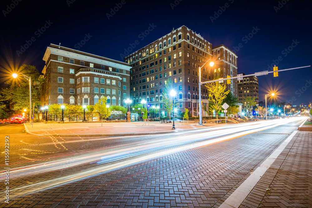 Charles Street at night, in Charles Village, Baltimore, Maryland