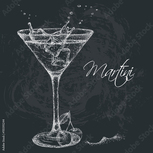 Hand drawn martini cocktail in glass with cherry. Vector illustration