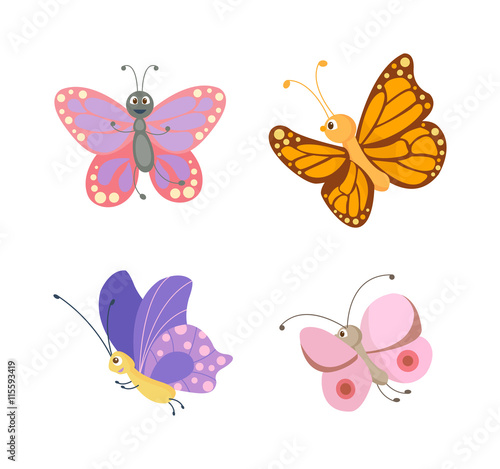 Cute flat butterfly vector. Flat butterfly isolated on white background. Different hand made style butterfly insects vector illustration. Baby kids butterfly insects © partyvector