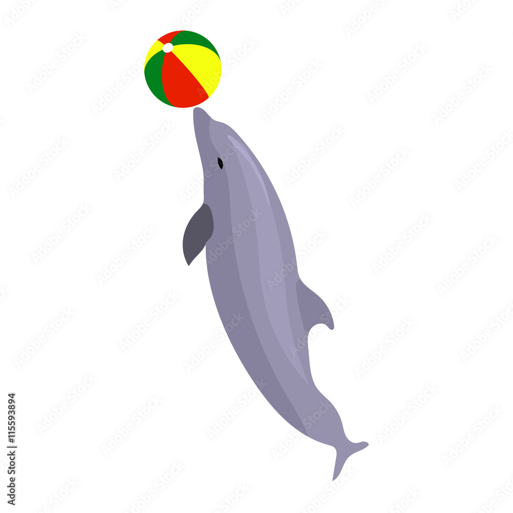 Obraz premium Vector illustration jumping dolphin playing with ball isolated on white background. Dolphin icon. Beach summer ball. Sea creature