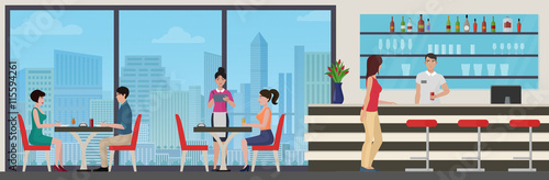 People eating in modern restaurant cafe. Interior with city view.