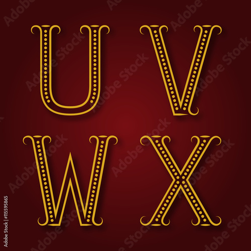 U, V, W, X golden letters with shadow. Font of dots and lines with flourishes. Type in art deco style.