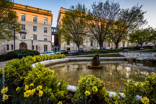 Garden and fountains at a park, and buildings in Mount Vernon, B