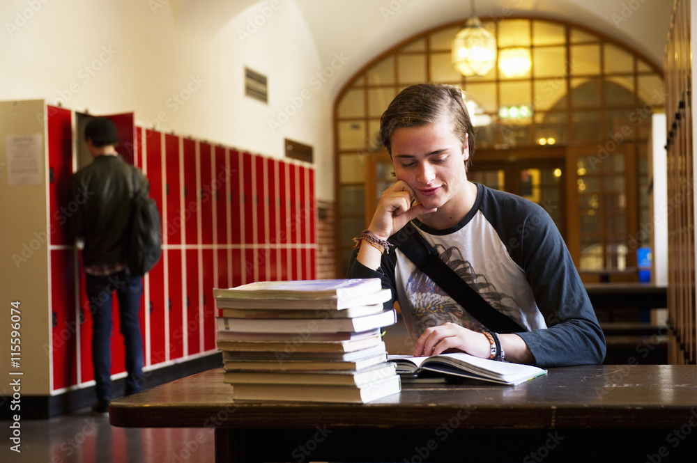 Sweden, Stockholm, Ostermalm, Male student reading at desk Sweden, Stockholm, Ostermalm, Male student reading at desk