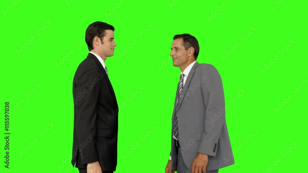 Businessmen shaking hands and smiling on green screen background Businessmen shaking hands and smiling on green screen background