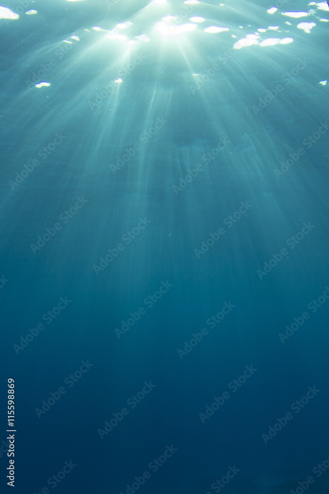 Underwater blue ocean background with sunlight in sea Underwater blue ocean background with sunlight in sea