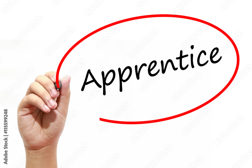 Fototapeta premium Man Hand writing Apprentice with marker on transparent wipe board. Business, internet, technology concept.