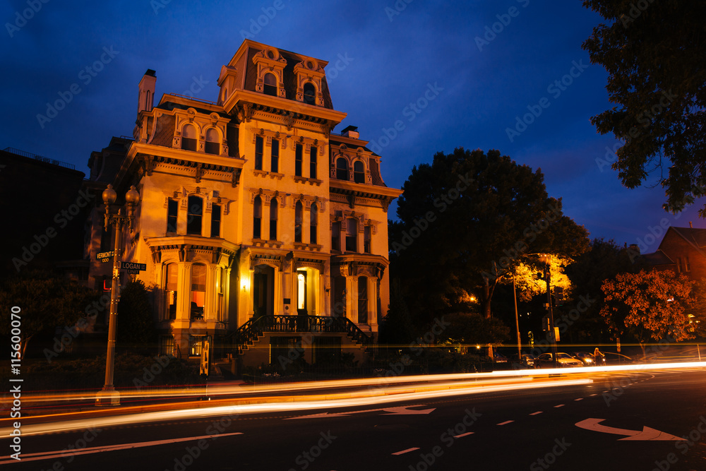 Historic house at Logan Circle at night, in Washington, DC.