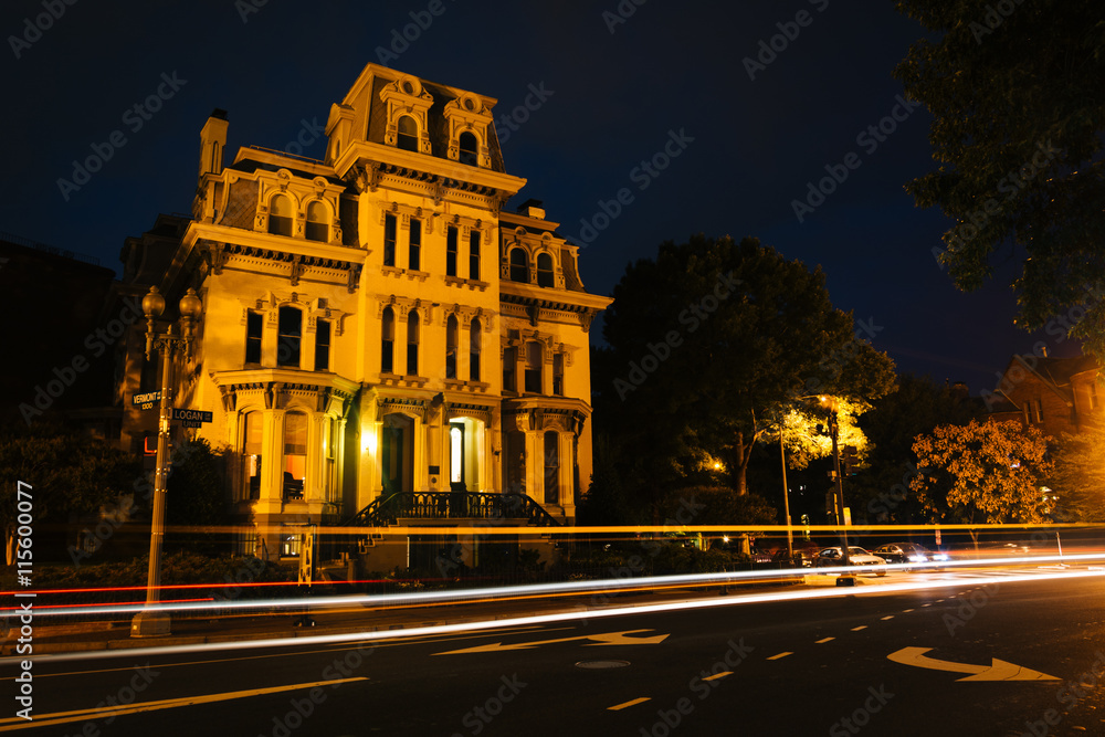 Historic house at Logan Circle at night, in Washington, DC.