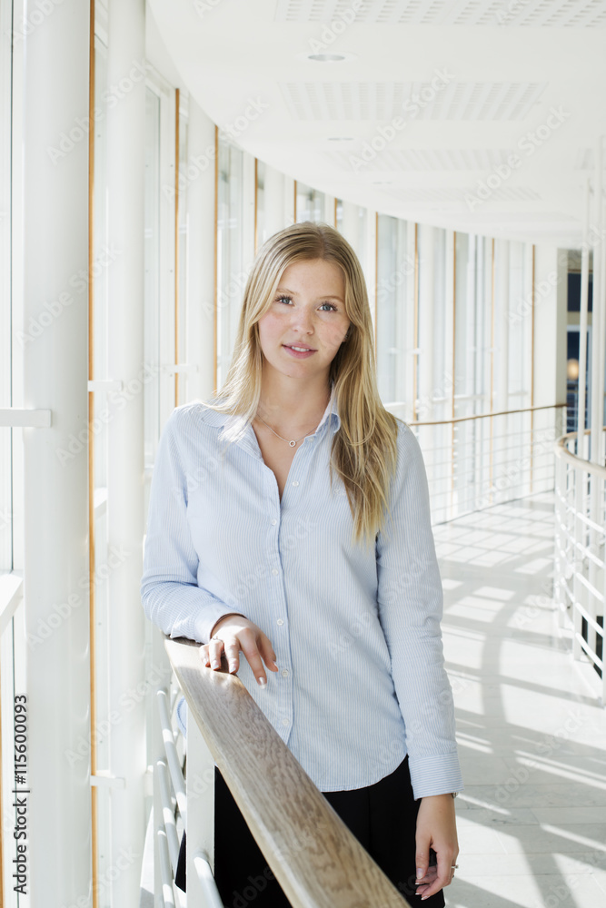 Sweden, Vastra Gotaland, Gothenburg, School of Business, Economics and Law, Portrait of young woman at university Sweden, Vastra Gotaland, Gothenburg, School of Business, Economics and Law, Portrait of young woman at university