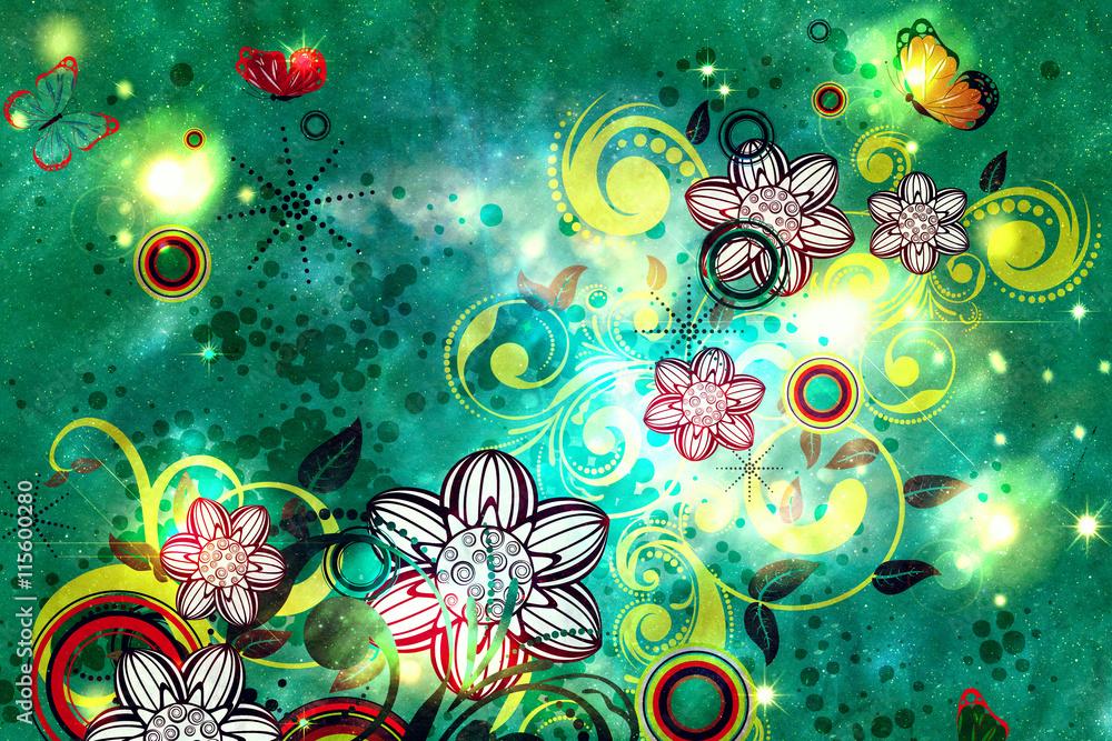 Grungel Floral on Green Background Grungel Floral on Green Background