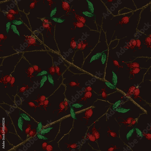 Seamless Pattern Vector illustration of hand drawn Rose Hips, leaves and branches. Dark, colored. Can be used for greetings card, invitation, wall, poster or other background, packaging etc. eps 10